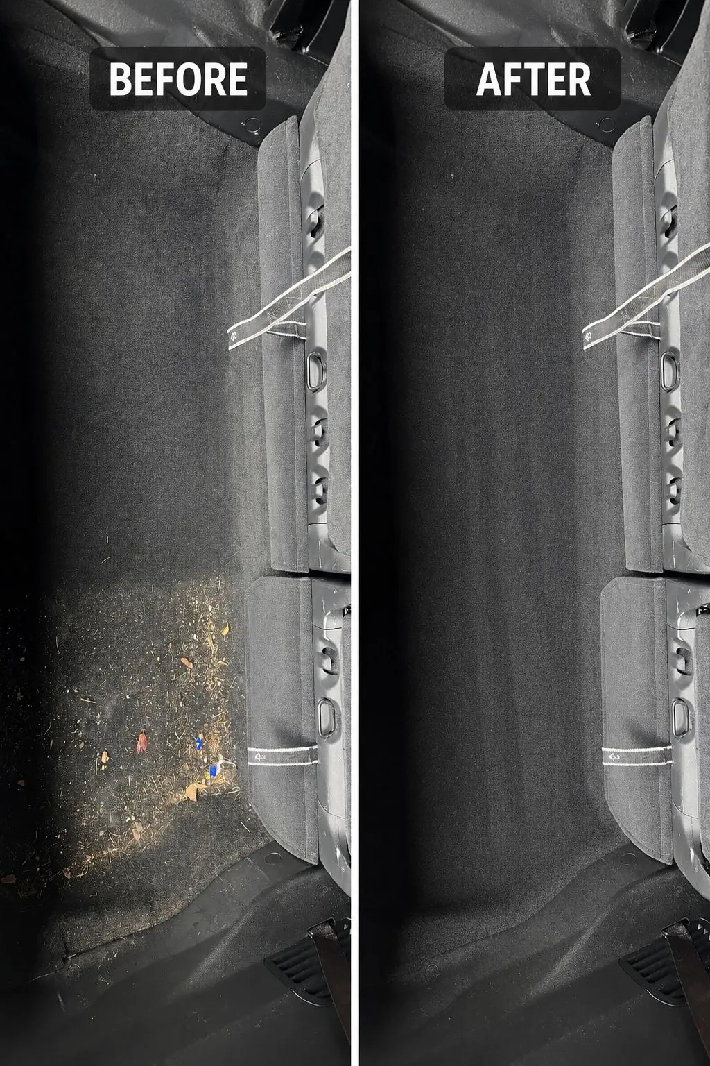 Before and after comparison of a professionally cleaned vehicle interior